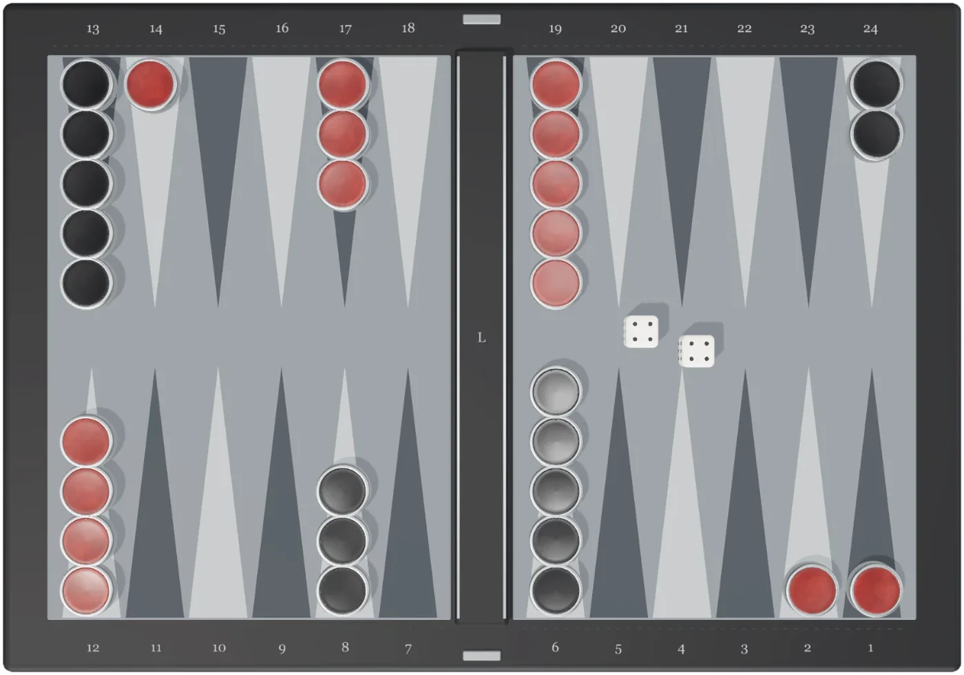 Overhead view of a backgammon position on Gammon Nova's Obsidian and jasper table. You are about to play a 4-4.